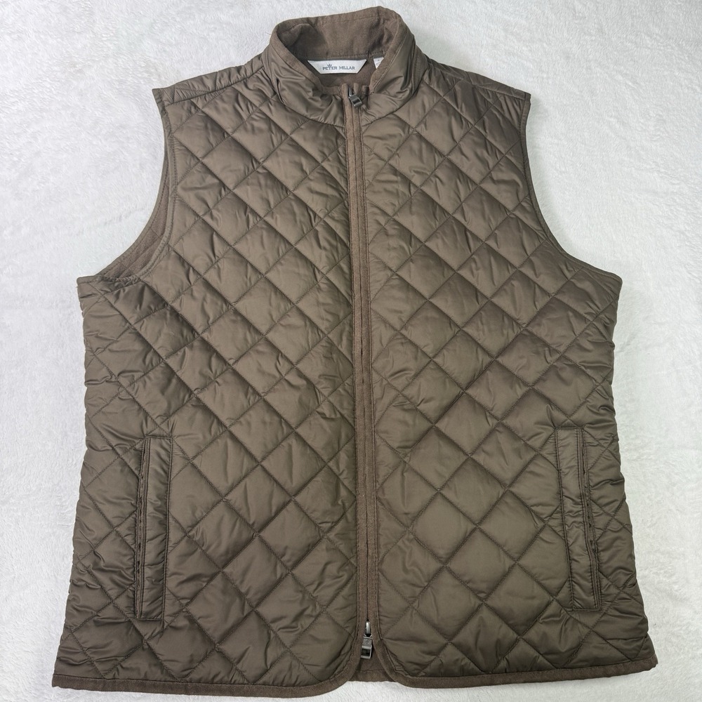 Peter Millar Essex Quilted Vest Mens Large Brown Diamond Quilt Fleece Golf